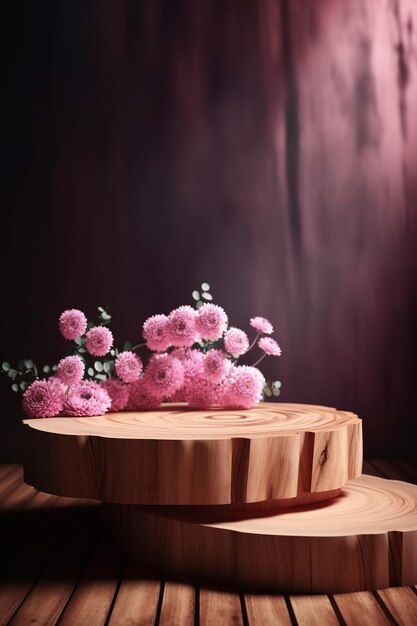 Rustic Wood Podium with Delicate Pink Flowers Studio Set Products Showcase Mothers Day Valentines