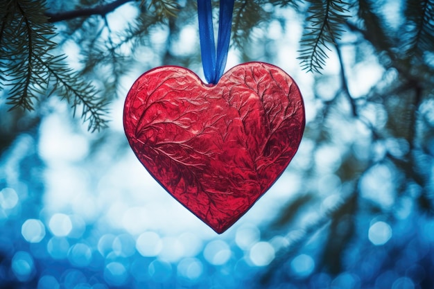 On a rustic wood table against a blue bokeh background a christmas snowman metal heart and a pine