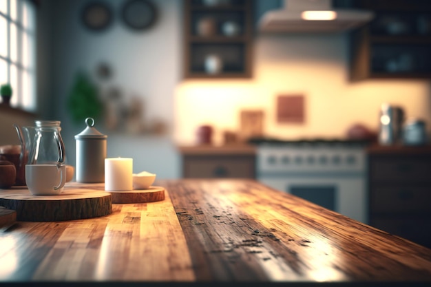 Rustic wood table top with a blurred kitchen room as the backdrop perfect for showcasing products or designs