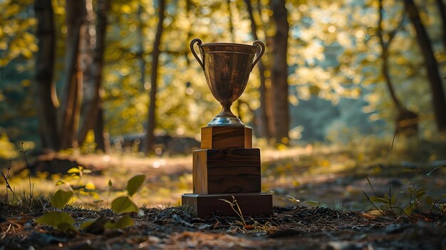 Photo rustic wood trophy in serene forest settingcelebrating environmental consciousness and achievements