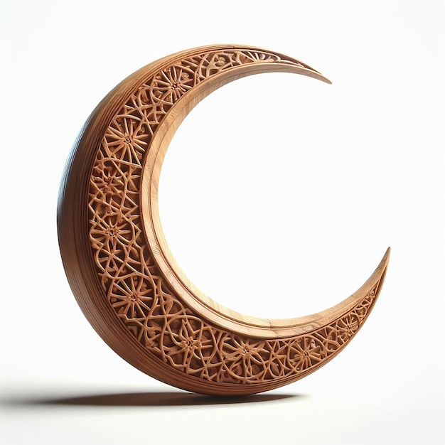 Rustic Wooden 3D Crescent Moon with Carved Islamic Patterns Presented on Pure White Background