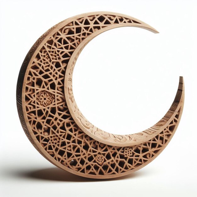 Rustic Wooden 3D Crescent Moon with Carved Islamic Patterns Presented on Pure White Background