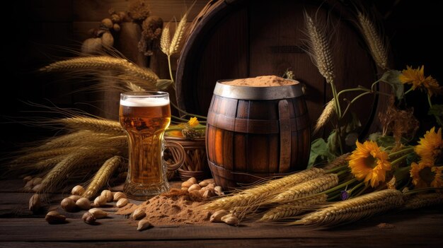 a rustic wooden background adorned with a frothy mug of beer fresh wheat ears vibrant green hops and a classic beer barrel The scene pays homage to the art of brewing