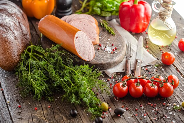 rustic wooden background, top and side shot, a large home-made sausage lies on a cutting board, cut