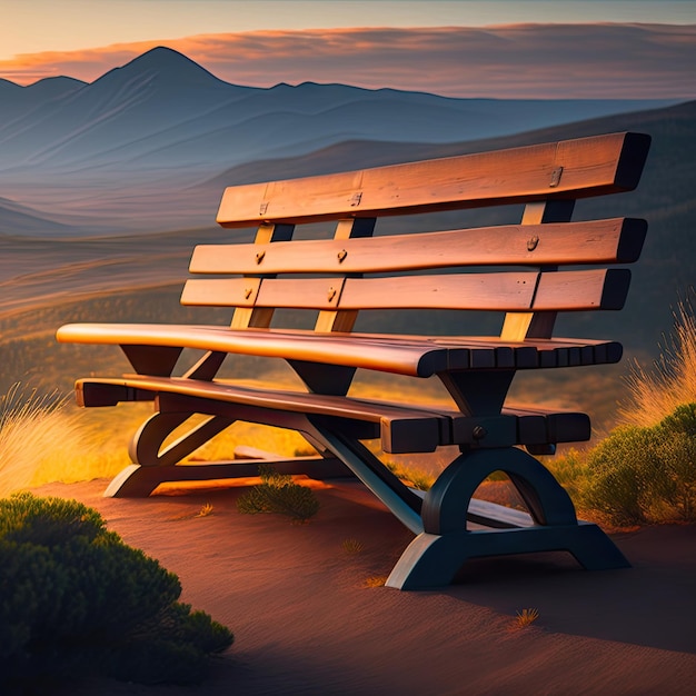 Rustic wooden bench located on top of a mountain