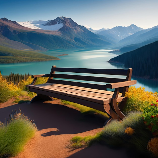 Rustic wooden bench located on top of a mountain