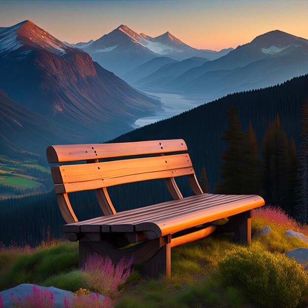 Rustic wooden bench located on top of a mountain