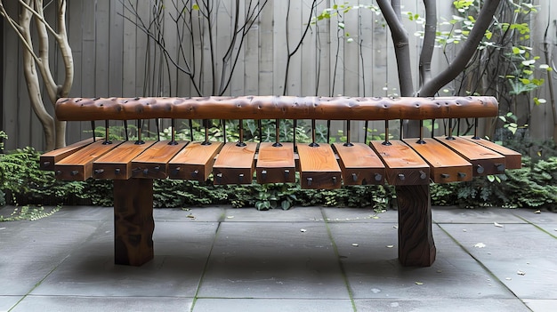 Photo rustic wooden bench in a lush garden the bench is made from a single piece of wood and has a natural unpolished finish
