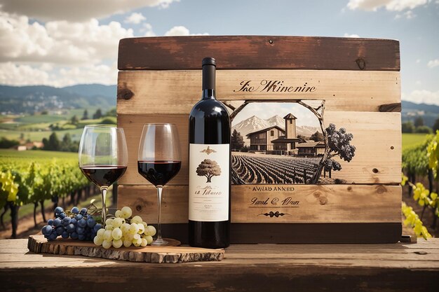 A rustic wooden board against a vineyard for a wine label design