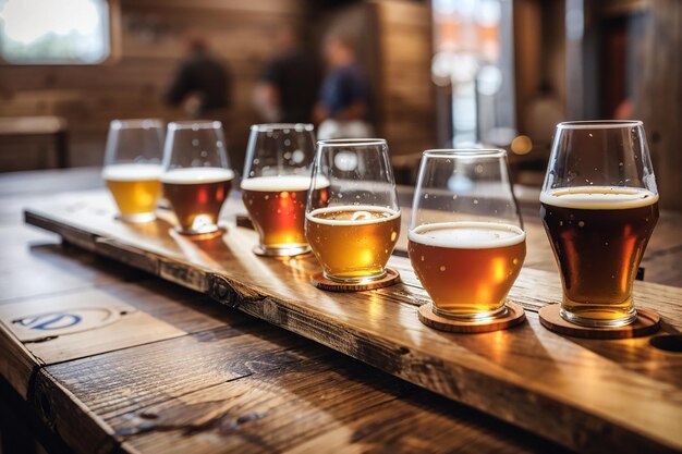 A rustic wooden board in a brewery during a beer tasting event