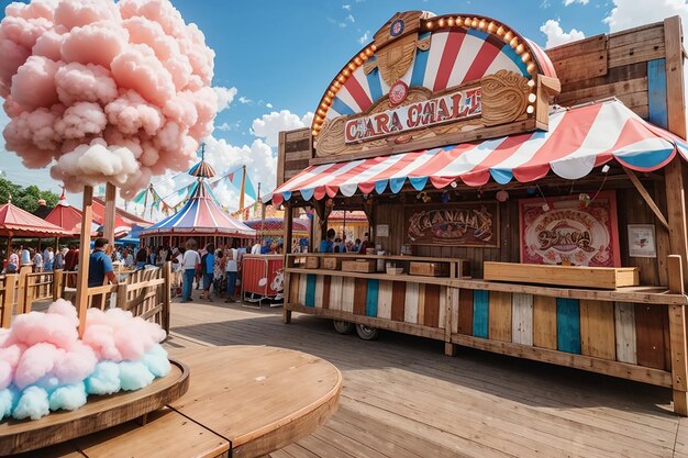 A rustic wooden board in a carnival with rides and cotton candy stalls