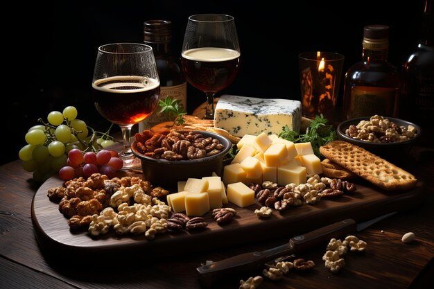 A rustic wooden board hosts an array of delights beer snacks cheeses sausages nuts shrimp and popcorn Perfect for gastronomic photography and pairing with your favorite brews Generative AI