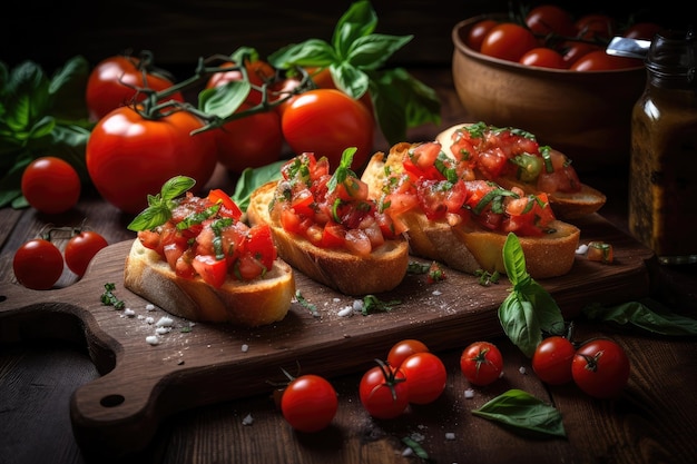 A rustic wooden board lined with freshly made bruschetta