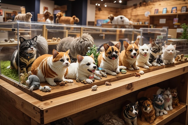 Un tavolo di legno rustico in un negozio di animali domestici con vari animali domestici in esposizione