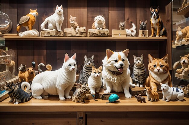 A rustic wooden board in a pet store with various pets on display