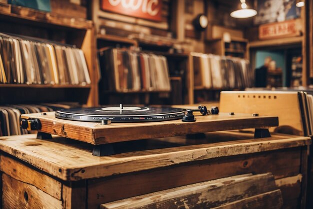 Photo rustic wooden board in a vintage record store