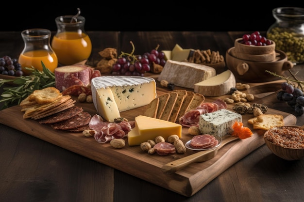 Rustic wooden board with assorted cheeses and charcuterie created with generative ai