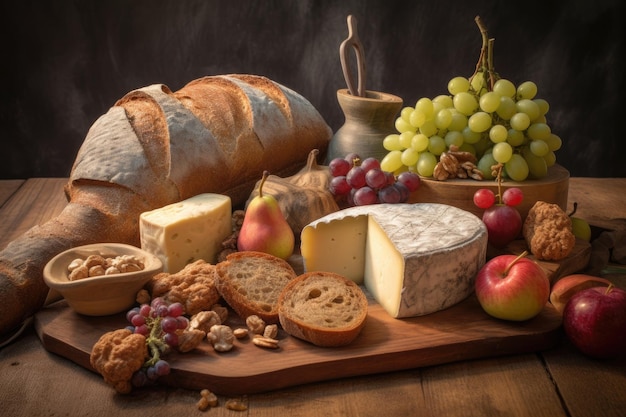 生成 AI で作成された、焼きたてのパン チーズとフルーツが載った素朴な木の板