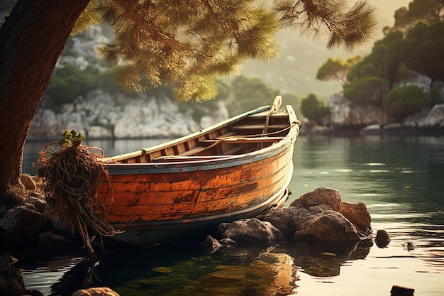 Photo rustic wooden boat anchored near the shore