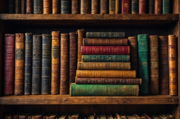 A rustic wooden bookshelf filled with antique books