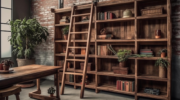 AI が生成したはしごを備えた素朴な木製の本棚
