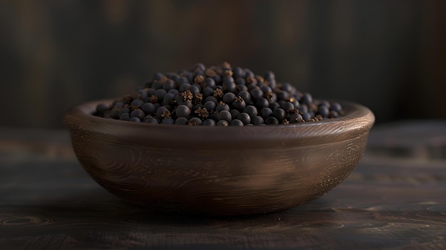 Rustic wooden bowl filled with black peppercorns on a dark table perfect for cooking themes simple and natural food styling AI