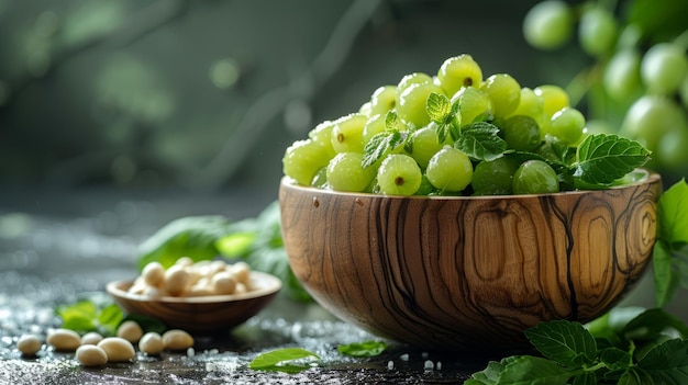 rustic wooden bowl with green grapes on dark background