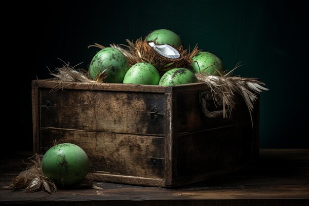 ココナッツ で 満たさ れ た 田舎 の 木製 の 箱