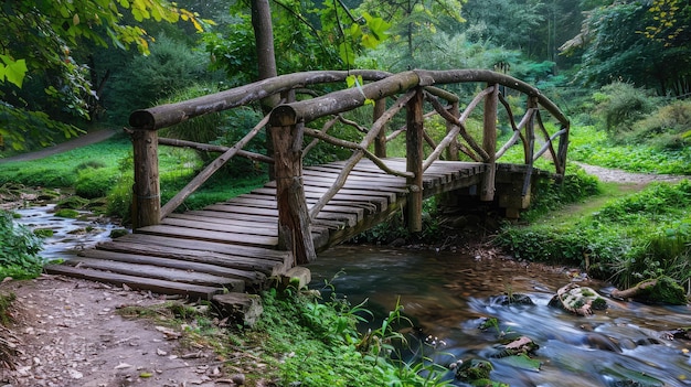 Photo rustic wooden bridge arching over a babbling brook leading to a secluded pathway in the countryside