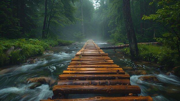 Photo a rustic wooden bridge over a forest stream