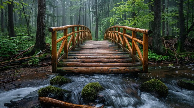 Photo a rustic wooden bridge over a forest stream