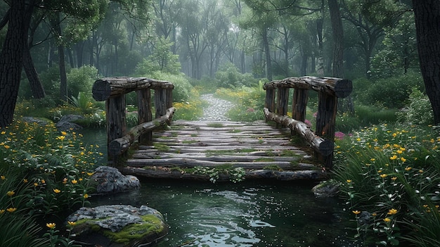 Photo a rustic wooden bridge over a forest stream