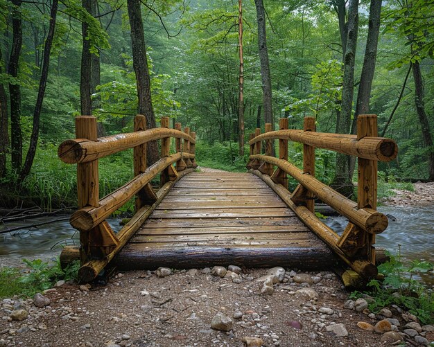 Photo a rustic wooden bridge over a forest stream