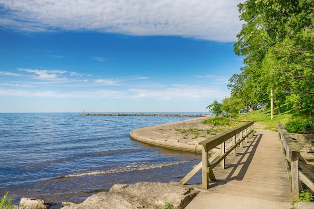 Rustic wooden bridge and lake Ontario in Rochester city USA