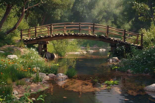 Photo a rustic wooden bridge spanning a calm stream