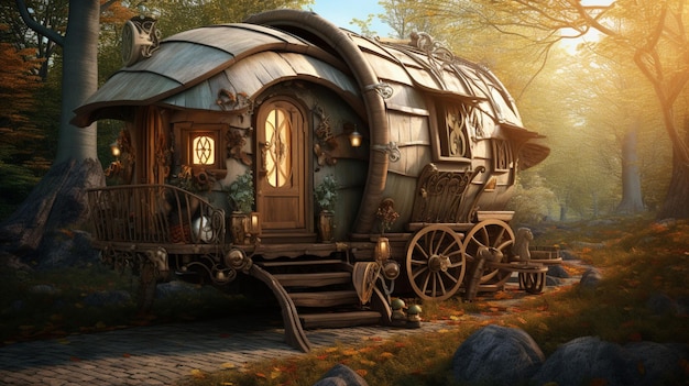 Rustic wooden caravan fantasy art elven steel wheel picture Ai generated art