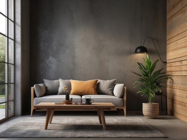 Rustic wooden chair and live edge coffee table against concrete wall with barn wood board wall decor