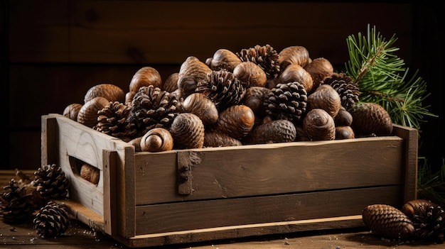 A rustic wooden crate overflowing with acorns and pinecones