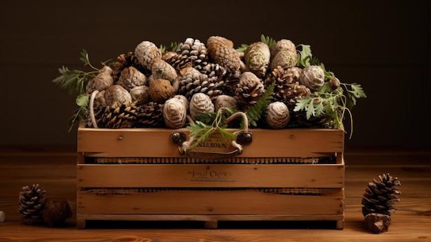 A rustic wooden crate overflowing with acorns and pinecones