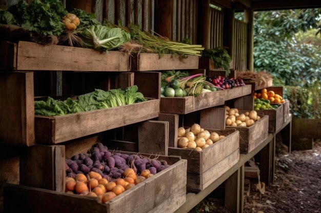 Rustic wooden crates filled with freshly harvested produce created with generative ai