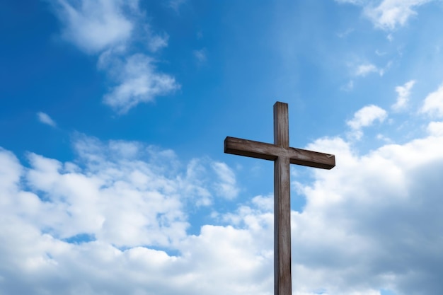 Rustic wooden cross against a cloudy sky