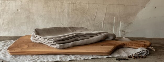 Rustic Wooden Cutting Board with Linen Towel Setup