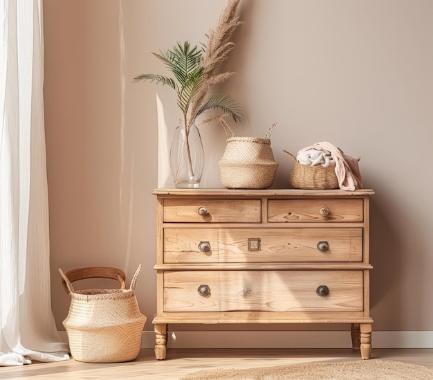 Photo rustic wooden dresser in an interior design room composition minimalistic chic interiors