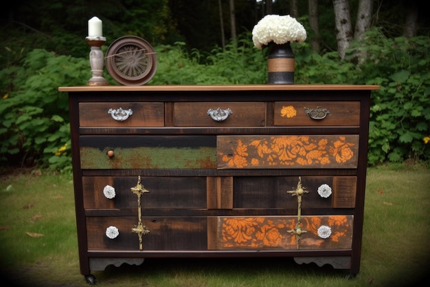 Rustic wooden dresser refinished and loaded with decorations created with generative ai