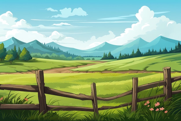 Деревенский деревянный забор, разделяющий зеленый луг и сельскохозяйственные угодья Иллюстрация Генеративный AI