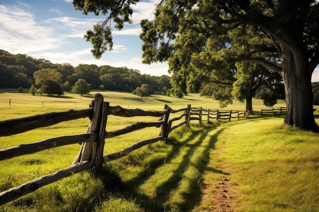 Rustic Wooden Fence Winding Through Scenic Pasture Generative AI