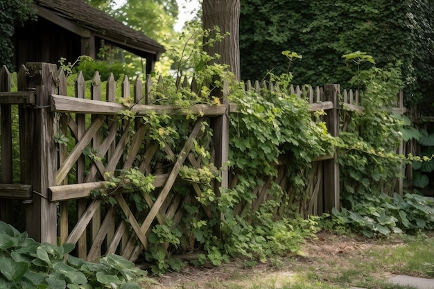 Rustic wooden fence with vines creeping up the posts and trellis