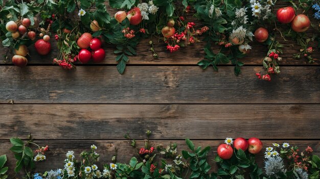 Rustic wooden flatlay table background with a Summer abundance theme many wooden slats