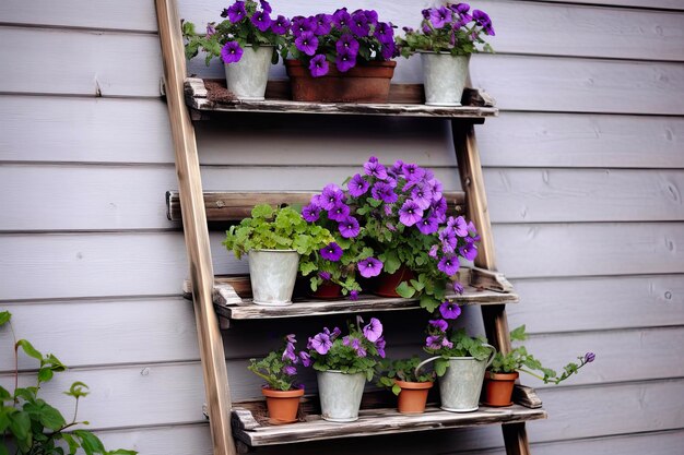 Rustic Wooden Ladder Shelf with Colorful Pansies and Violets as Decorative Planting Against Wall