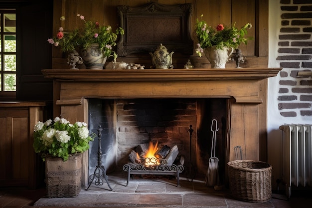 Photo rustic wooden mantelpiece in french country home